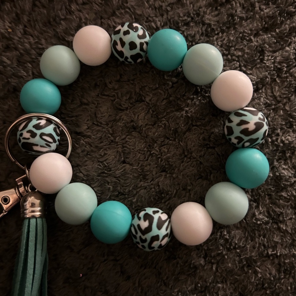 Hand Crafted Teal, Mint & Light Pink Beaded Keyring Bracelet